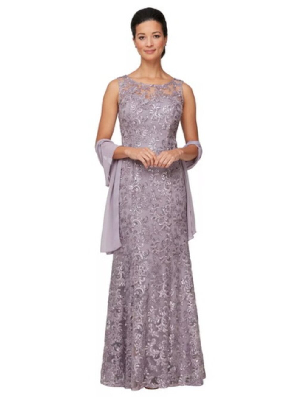 Alex Evenings Wisteria Purple Sequin Sleeveless Gown with Shawl